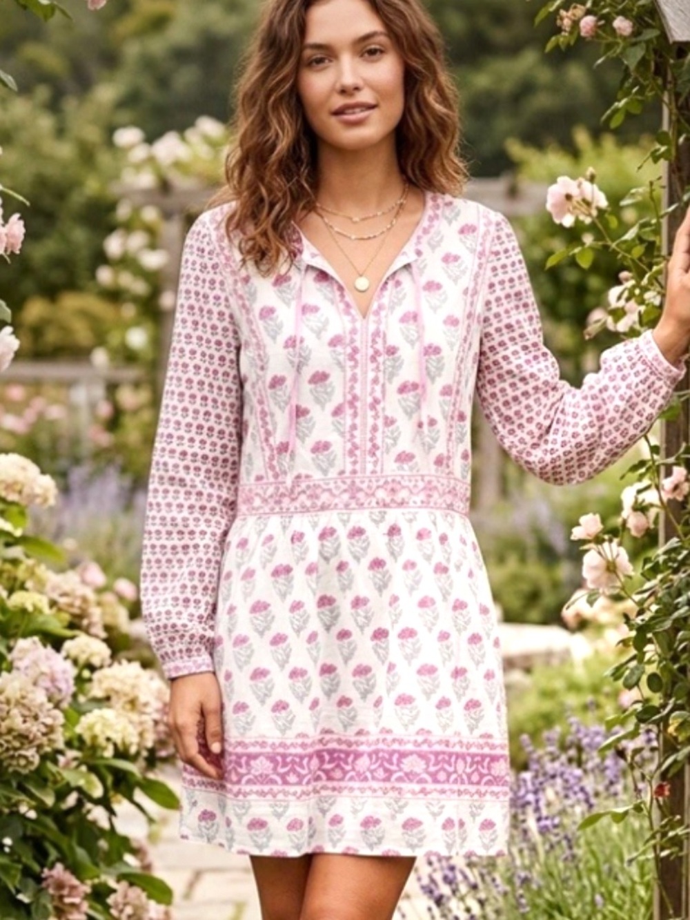 Haute Hippie floral long sleeve flowy white pink summer dress preppy